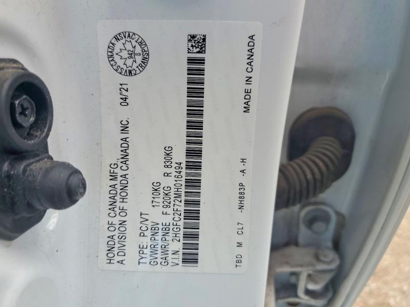 Aukcja sprzedaży 2021 Honda Civic, vin: 2HGFC2F72MH016494, numer aukcji: 60142566