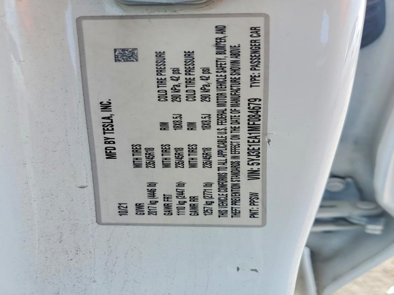 61311826 :رقم المزاد ، 5YJ3E1EA1MF084679 vin ، 2021 Tesla Model 3 مزاد بيع
