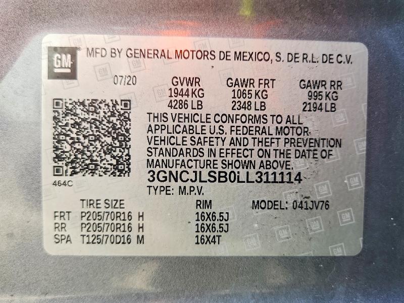Aukcja sprzedaży 2020 Chevrolet Trax, vin: 3GNCJLSB0LL311114, numer aukcji: 60228836