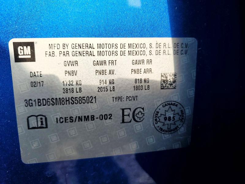Продажа на аукционе авто 2017 Chevrolet Cruze, vin: 3G1BD6SM8HS585021, номер лота: 60917356