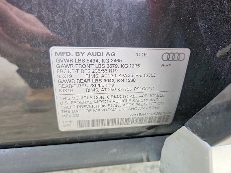 2019 Audi Q5 მანქანა იყიდება აუქციონზე, vin: WA1BNAFY0K2057278, აუქციონის ნომერი: 59860566