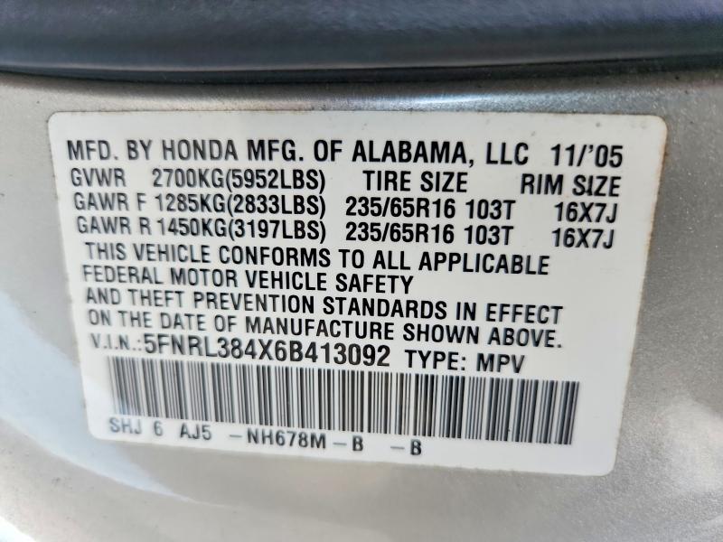 Продаж на аукціоні авто 2006 Honda Odyssey, vin: 5FNRL384X6B413092, номер лоту: 62439976