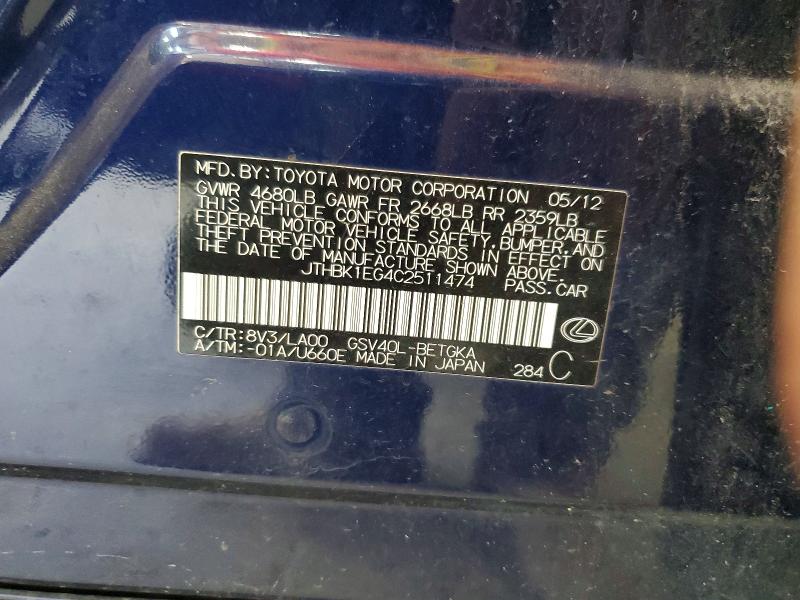 2012 Lexus Es მანქანა იყიდება აუქციონზე, vin: JTHBK1EG4C2511474, აუქციონის ნომერი: 63464676