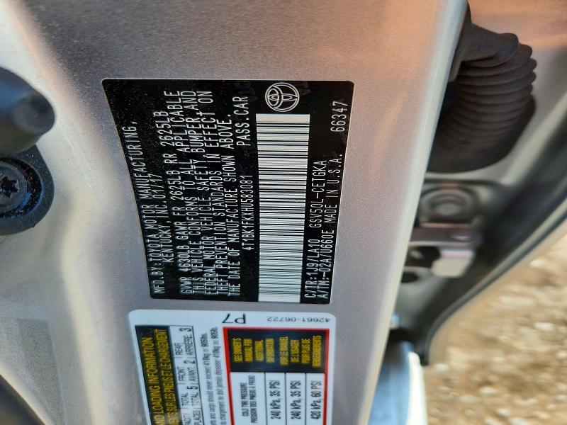 2017 Toyota Camry მანქანა იყიდება აუქციონზე, vin: 4T1BK1FKXHU583081, აუქციონის ნომერი: 59100806