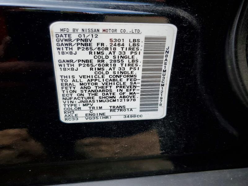 61149296 :رقم المزاد ، JN8AS1MU3CM121978 vin ، 2012 Infiniti Fx35 مزاد بيع