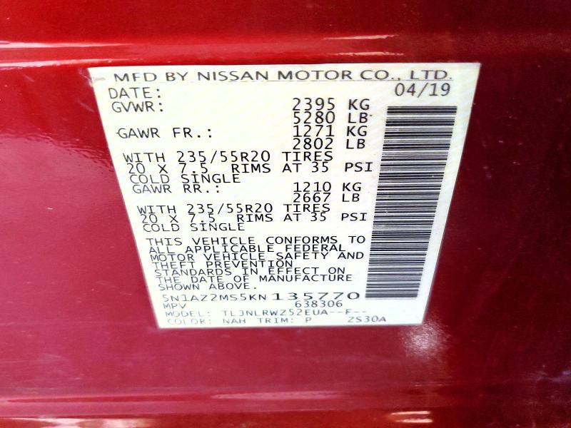 60759966 :رقم المزاد ، 5N1AZ2MS5KN135770 vin ، 2019 Nissan Murano مزاد بيع