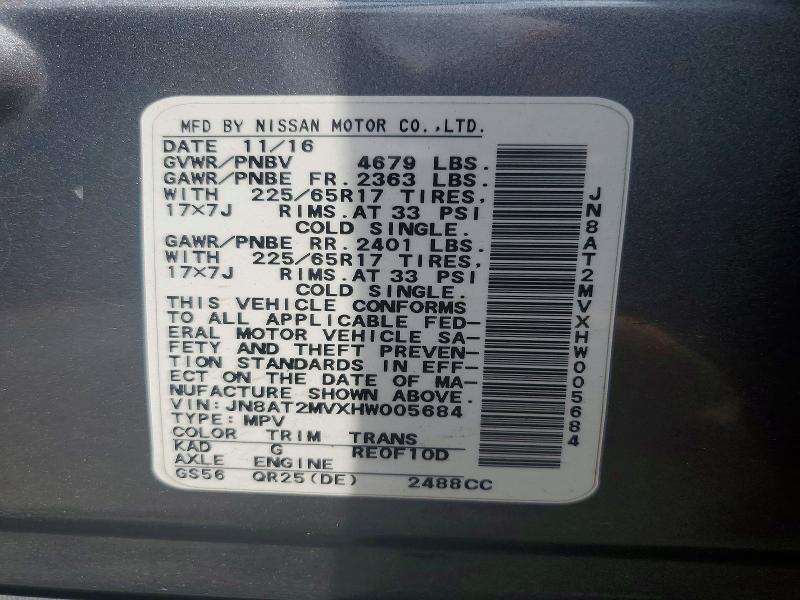 Продаж на аукціоні авто 2017 Nissan Rogue, vin: JN8AT2MVXHW005684, номер лоту: 62432406