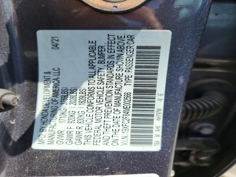 Продаж на аукціоні авто 2021 Honda Civic, vin: 19XFC2F84ME002566, номер лоту: 59989586