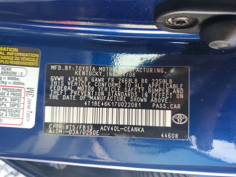 Продаж на аукціоні авто 2007 Toyota Camry, vin: 4T1BE46K17U022081, номер лоту: 62661056