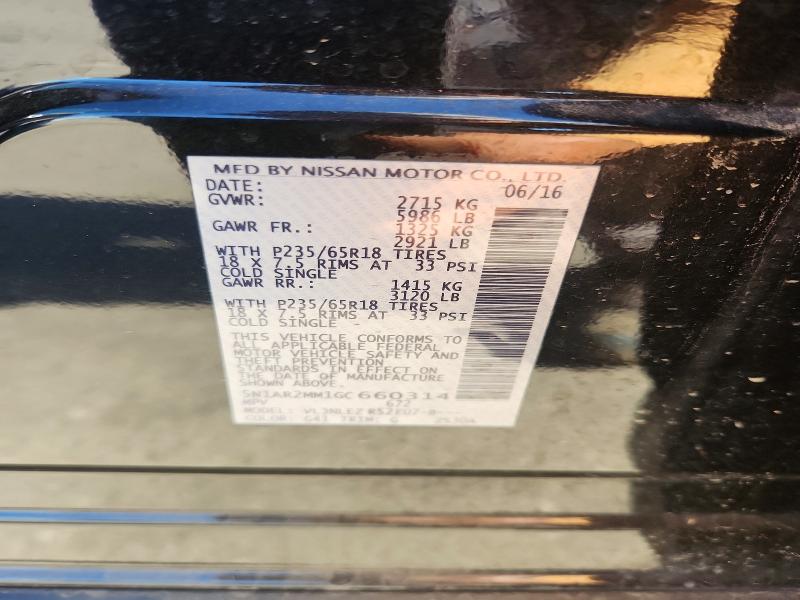 62973606 :رقم المزاد ، 5N1AR2MM1GC660314 vin ، 2016 Nissan Pathfinder مزاد بيع