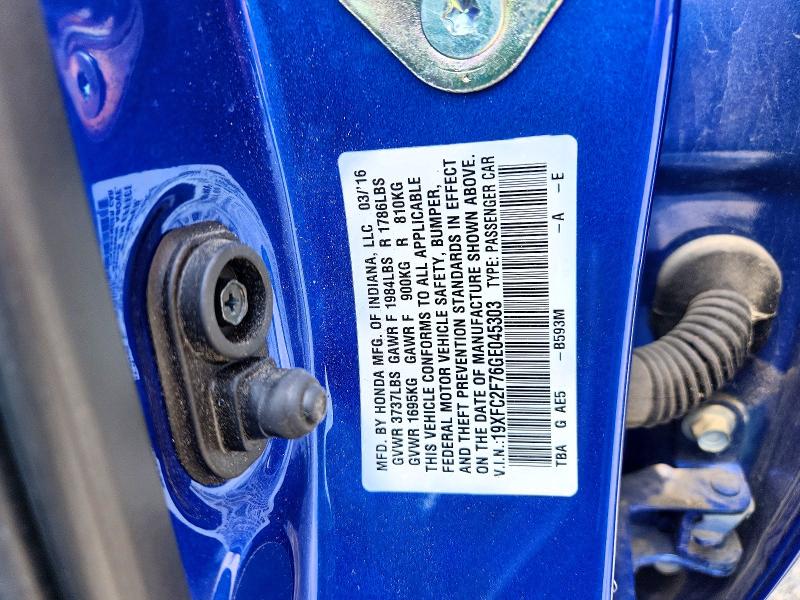 2016 Honda Civic მანქანა იყიდება აუქციონზე, vin: 19XFC2F76GE045303, აუქციონის ნომერი: 61353886