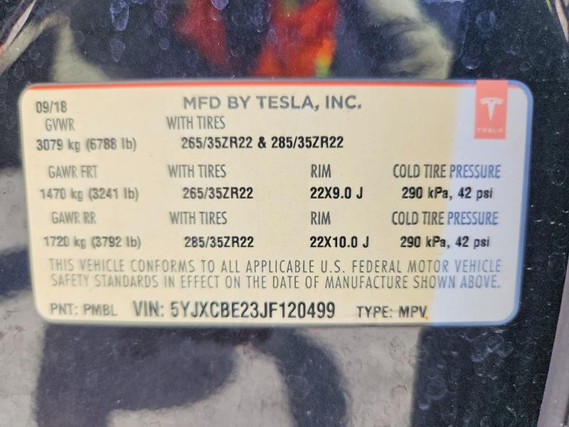 2018 Tesla Model X მანქანა იყიდება აუქციონზე, vin: 5YJXCBE23JF120499, აუქციონის ნომერი: 61899226
