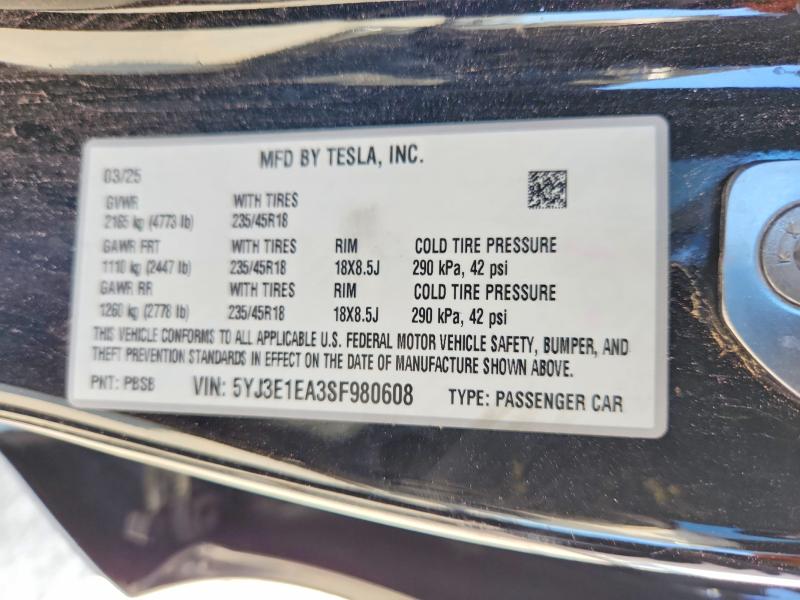 Продаж на аукціоні авто 2025 Tesla Model 3, vin: 5YJ3E1EA3SF980608, номер лоту: 63026016