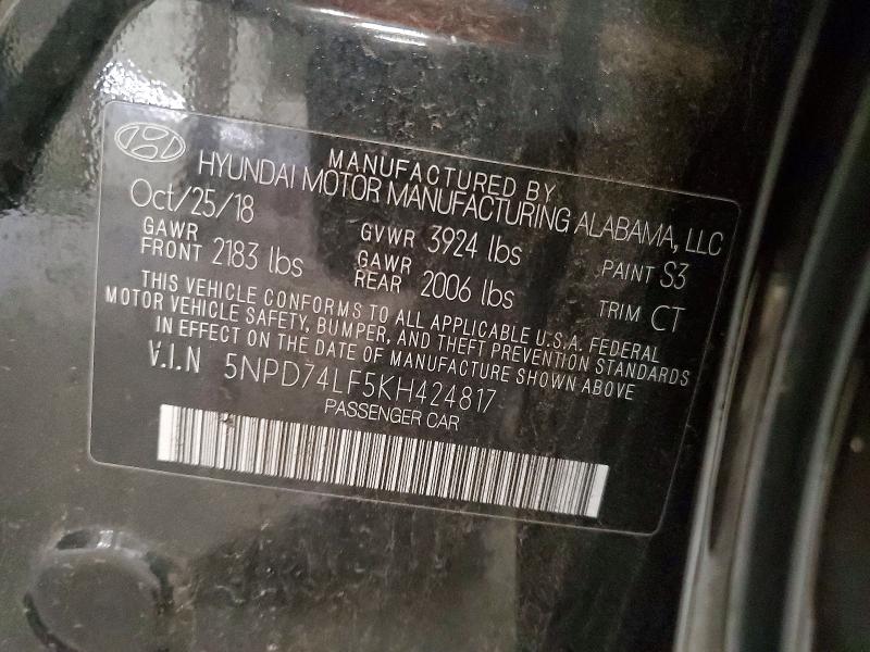 61361626 :رقم المزاد ، 5NPD74LF5KH424817 vin ، 2019 Hyundai Elantra مزاد بيع