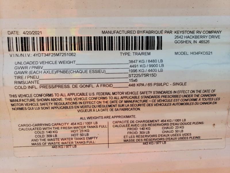 Продаж на аукціоні авто 2021 Keystone Hideout, vin: 4YDT34F25M7251062, номер лоту: 62266266