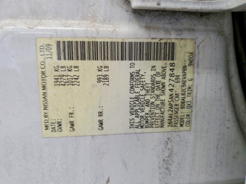 2010 Nissan Altima მანქანა იყიდება აუქციონზე, vin: 1N4AL2AP5AN427848, აუქციონის ნომერი: 62122206