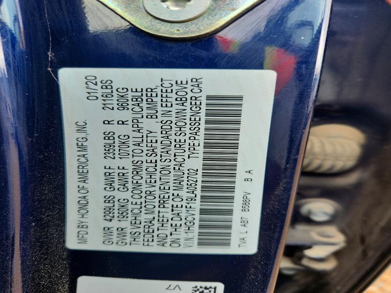 60782346 :رقم المزاد ، 1HGCV1F19LA052702 vin ، 2020 Honda Accord مزاد بيع