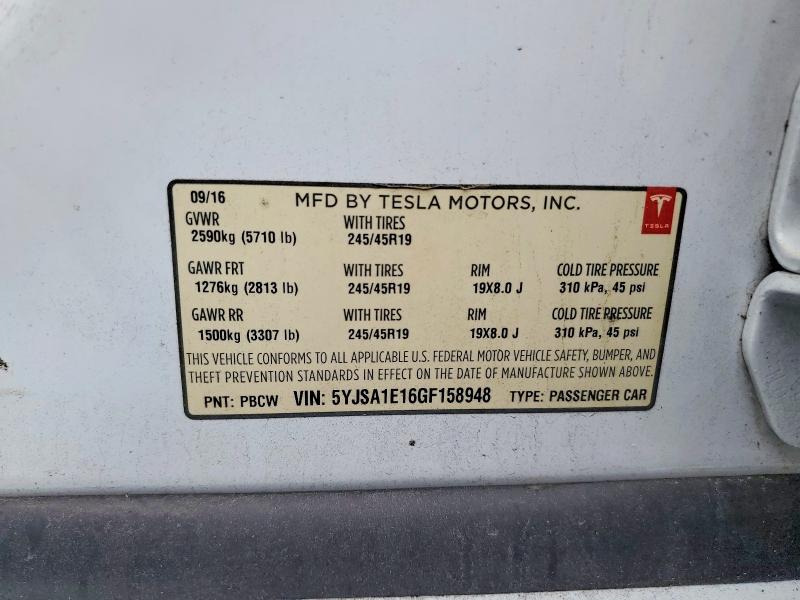 2016 Tesla Model S მანქანა იყიდება აუქციონზე, vin: 5YJSA1E16GF158948, აუქციონის ნომერი: 59813526