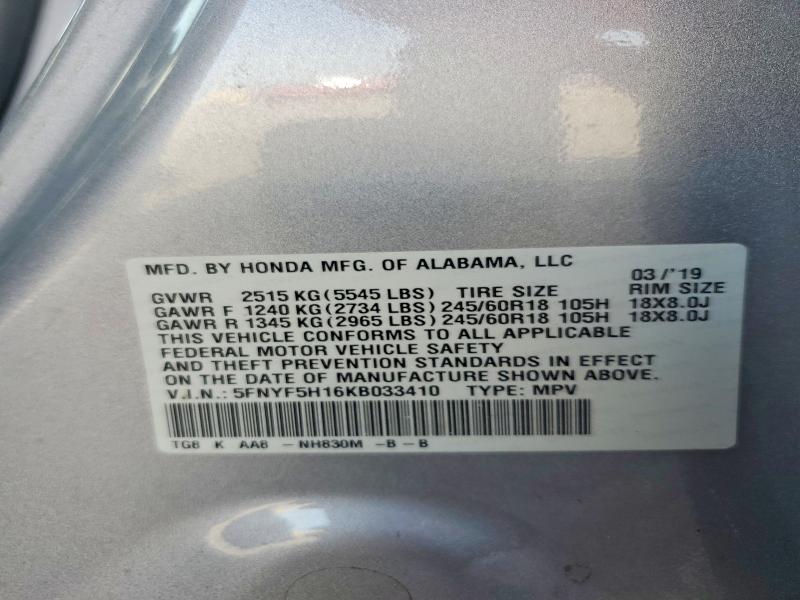 59827576 :رقم المزاد ، 5FNYF5H16KB033410 vin ، 2019 Honda Pilot مزاد بيع