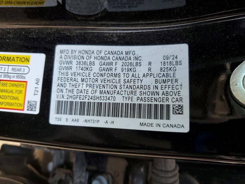 Продажа на аукционе авто 2025 Honda Civic, vin: 2HGFE2F24SH533470, номер лота: 62706316