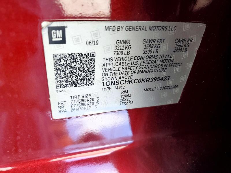2019 Chevrolet Suburban მანქანა იყიდება აუქციონზე, vin: 1GNSCHKC0KR395423, აუქციონის ნომერი: 59219236