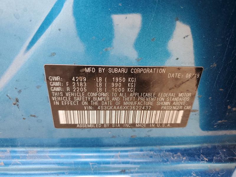 62342876 :رقم المزاد ، 4S3GKAA6XK3622432 vin ، 2019 Subaru Impreza مزاد بيع