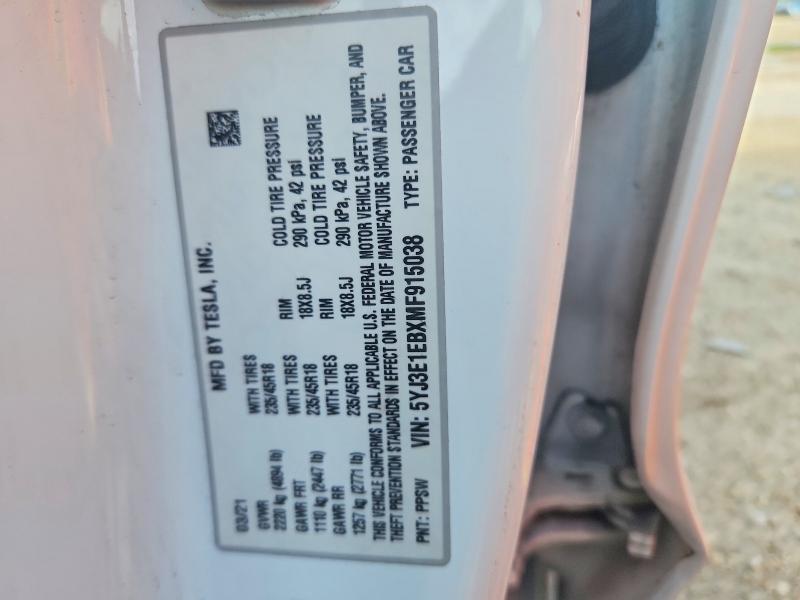 Продаж на аукціоні авто 2021 Tesla Model 3, vin: 5YJ3E1EBXMF915038, номер лоту: 85621855