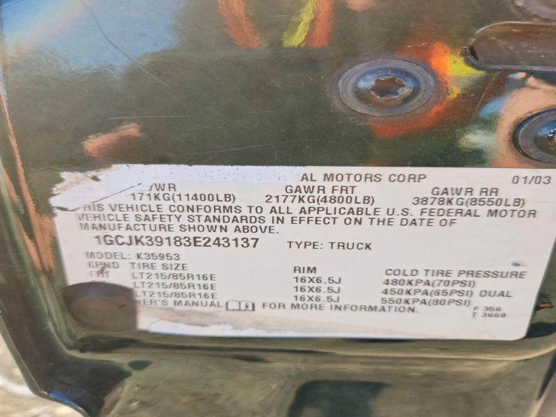 Aukcja sprzedaży 2003 Chevrolet Silverado, vin: 1GCJK39183E243137, numer aukcji: 62273086