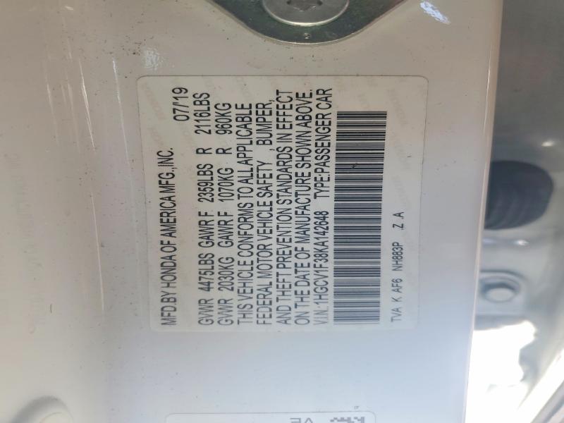 Продаж на аукціоні авто 2019 Honda Accord, vin: 1HGCV1F38KA142648, номер лоту: 61167166