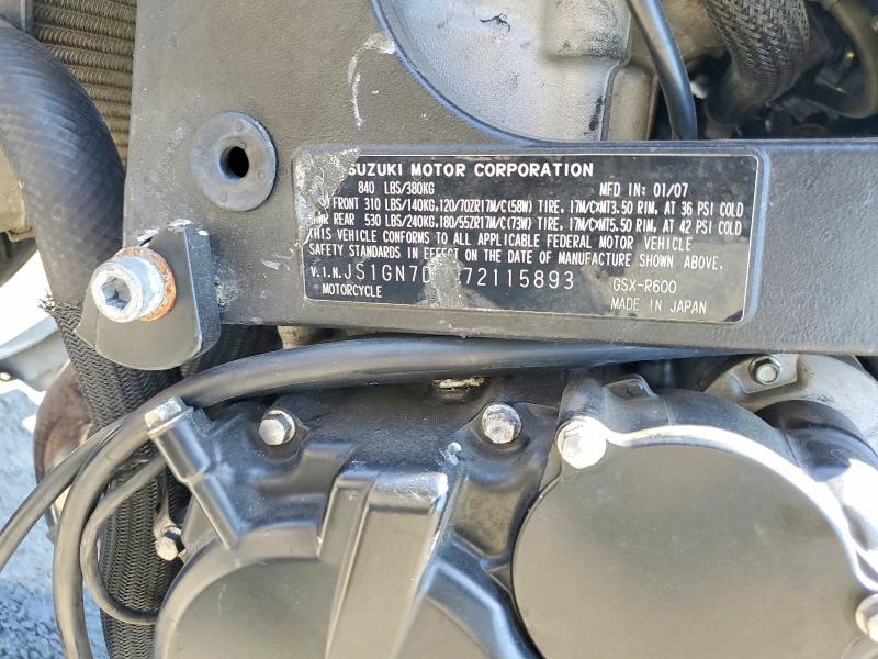 61215586 :رقم المزاد ، JS1GN7DA772115893 vin ، 2007 Suzuki Gsx-r600 مزاد بيع