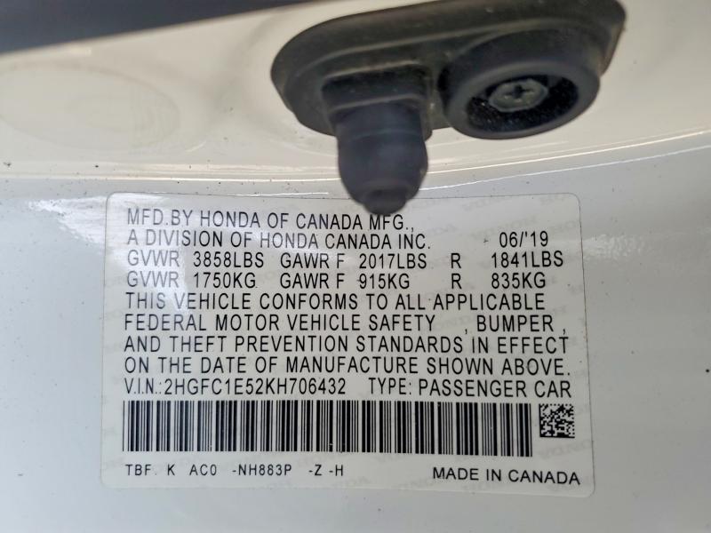 2019 Honda Civic მანქანა იყიდება აუქციონზე, vin: 2HGFC1E52KH706432, აუქციონის ნომერი: 61222536
