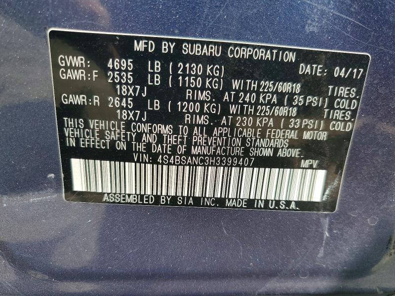61455446 :رقم المزاد ، 4S4BSANC3H3399407 vin ، 2017 Subaru Outback مزاد بيع