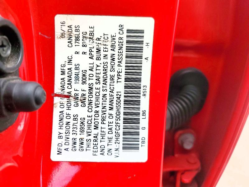 Продаж на аукціоні авто 2016 Honda Civic, vin: 2HGFC2F50GH550421, номер лоту: 63515716