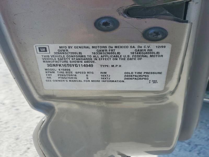 Продаж на аукціоні авто 2000 Chevrolet Suburban, vin: 3GNFK16T6YG114949, номер лоту: 62062036
