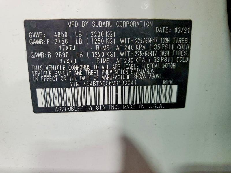 Aukcja sprzedaży 2021 Subaru Outback, vin: 4S4BTACC6M3193041, numer aukcji: 61024006