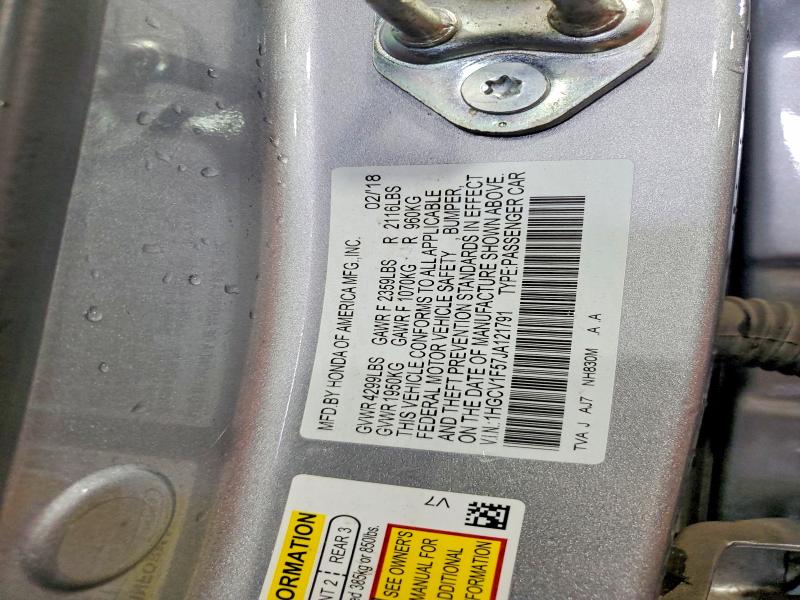 2018 Honda Accord მანქანა იყიდება აუქციონზე, vin: 1HGCV1F57JA121791, აუქციონის ნომერი: 63307516