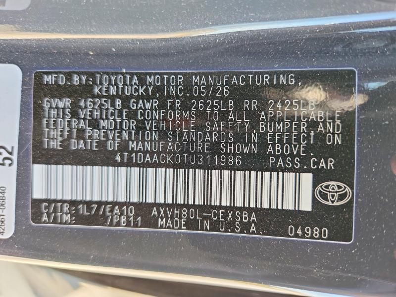61973626 :رقم المزاد ، 4T1DAACK0TU311986 vin ، 2026 Toyota Camry مزاد بيع