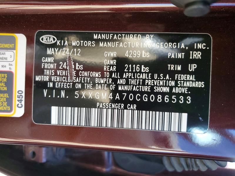 60219226 :رقم المزاد ، 5XXGM4A70CG086533 vin ، 2012 Kia Optima مزاد بيع