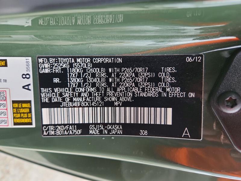 Aukcja sprzedaży 2012 Toyota Fj Cruiser, vin: JTEBU4BF8CK145121, numer aukcji: 60704426