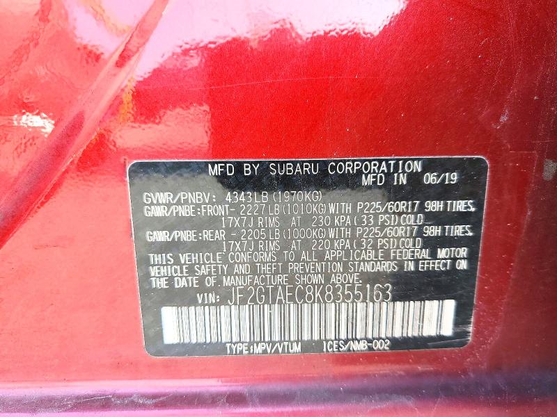 59691676 :رقم المزاد ، JF2GTAEC8K8355163 vin ، 2019 Subaru Crosstrek مزاد بيع
