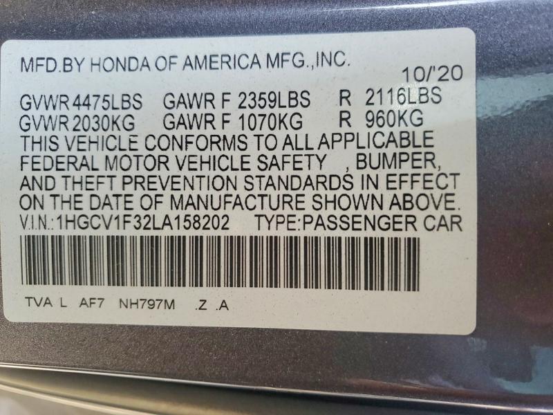 85611305 :رقم المزاد ، 1HGCV1F32LA158202 vin ، 2020 Honda Accord مزاد بيع