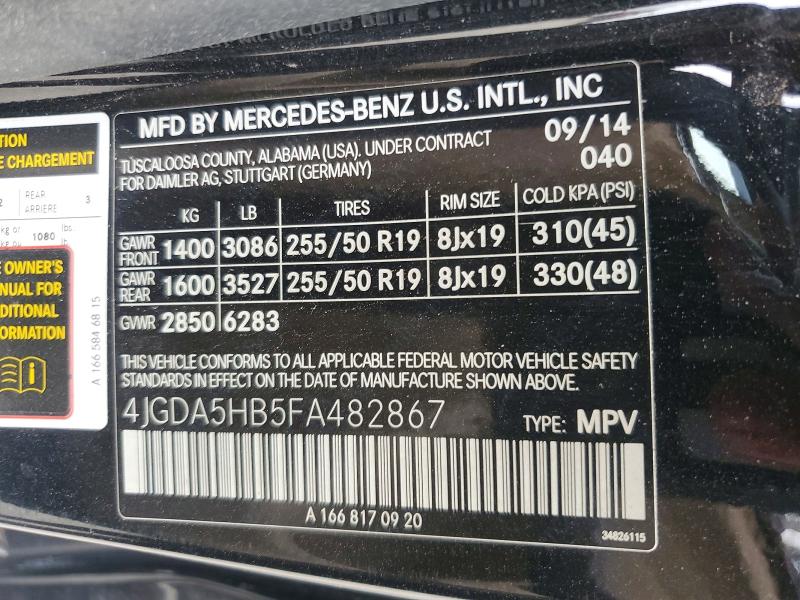 Продажа на аукционе авто 2015 Mercedes-benz Ml, vin: 4JGDA5HB5FA482867, номер лота: 59730446