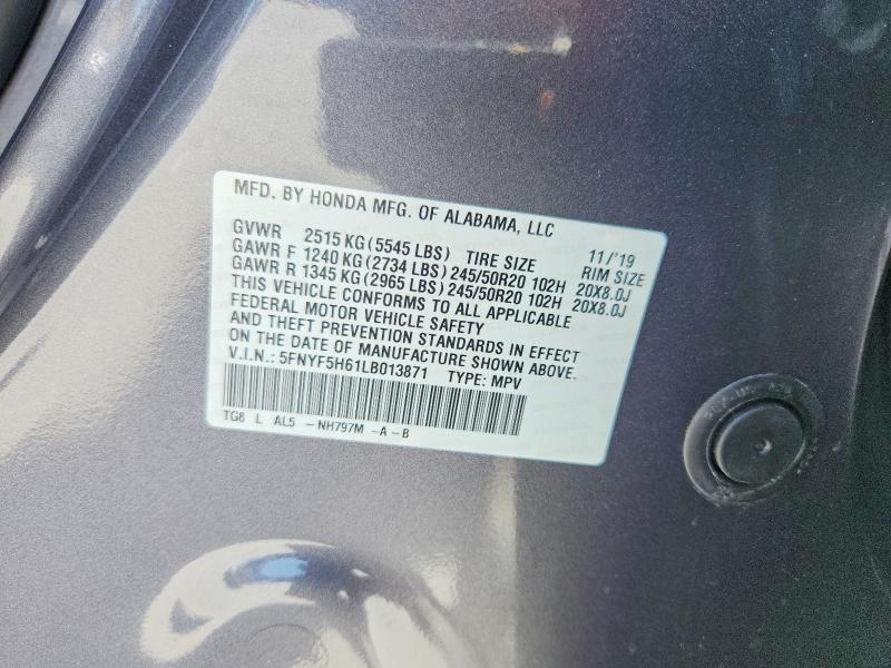 2020 Honda Pilot მანქანა იყიდება აუქციონზე, vin: 5FNYF5H61LB013871, აუქციონის ნომერი: 60626746