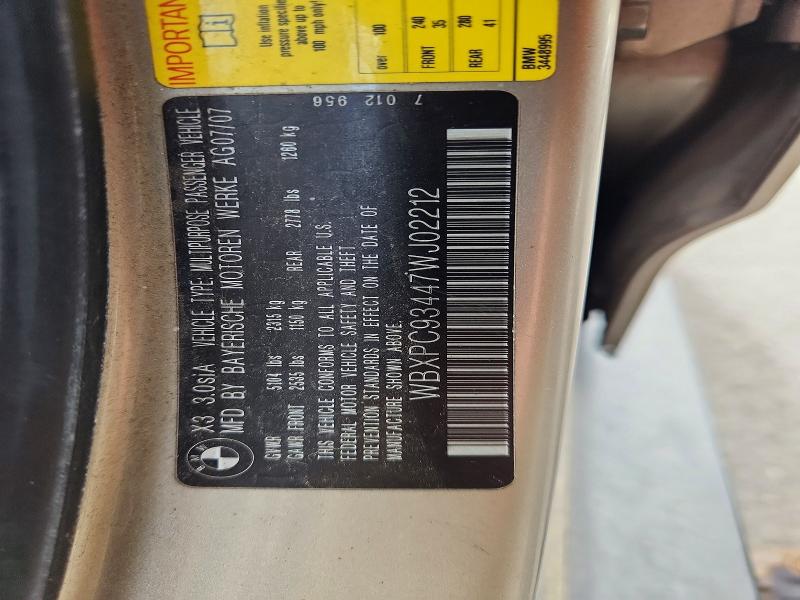 2007 Bmw X3 მანქანა იყიდება აუქციონზე, vin: WBXPC93447WJ02212, აუქციონის ნომერი: 59725146