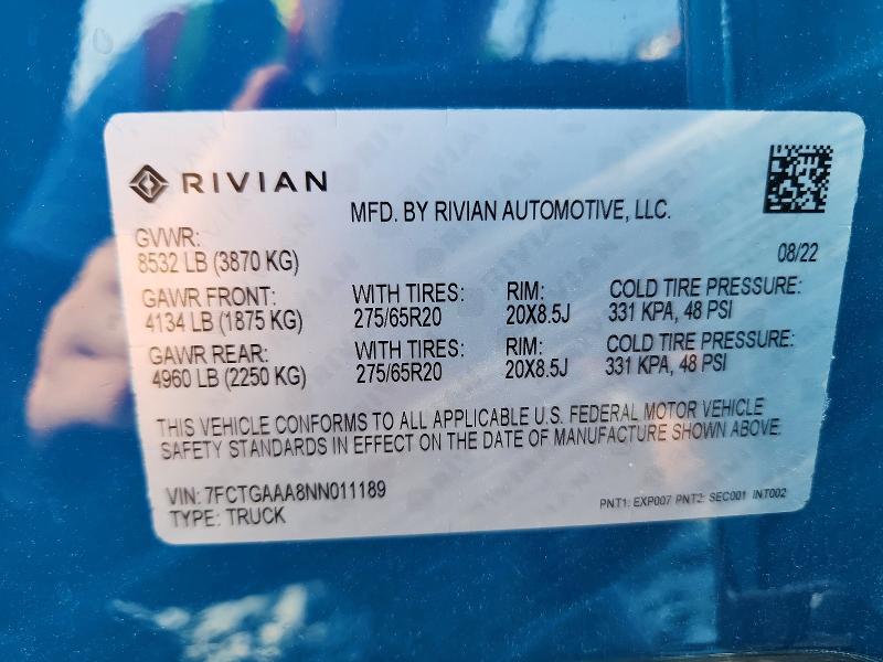 2022 Rivian R1t მანქანა იყიდება აუქციონზე, vin: 7FCTGAAA8NN011189, აუქციონის ნომერი: 59698306