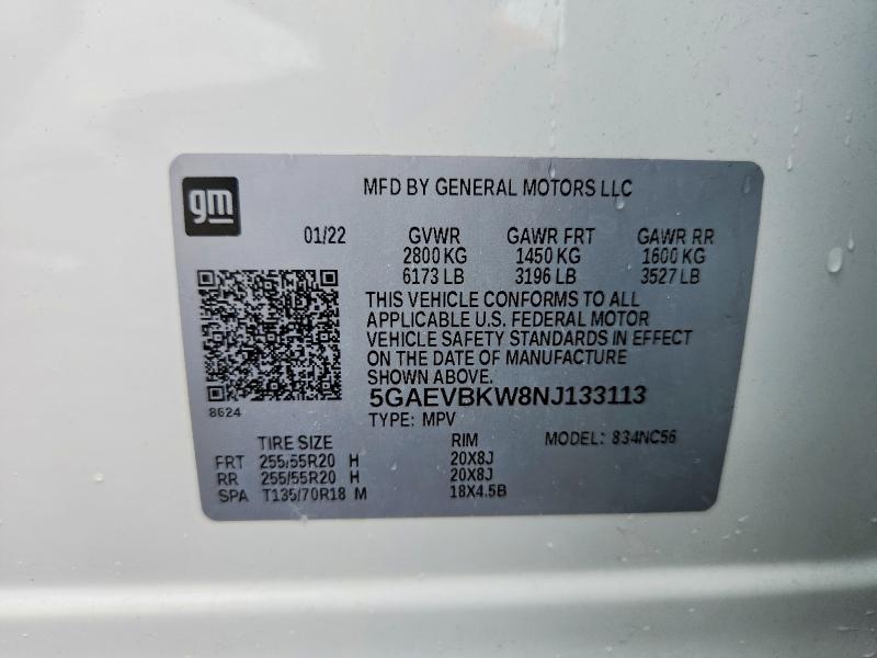 2022 Buick Enclave მანქანა იყიდება აუქციონზე, vin: 5GAEVBKW8NJ133113, აუქციონის ნომერი: 61686106