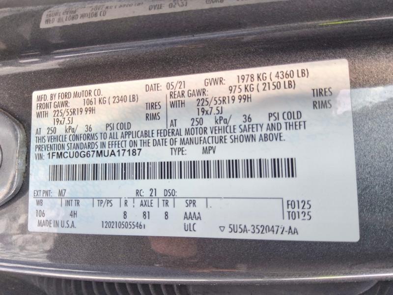 Aukcja sprzedaży 2021 Ford Escape, vin: 1FMCU0G67MUA17187, numer aukcji: 61034626