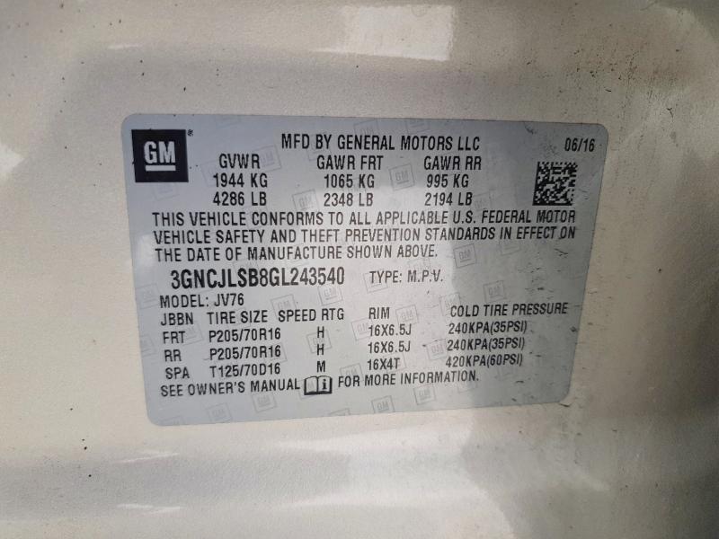 63306226 :رقم المزاد ، 3GNCJLSB8GL243540 vin ، 2016 Chevrolet Trax مزاد بيع