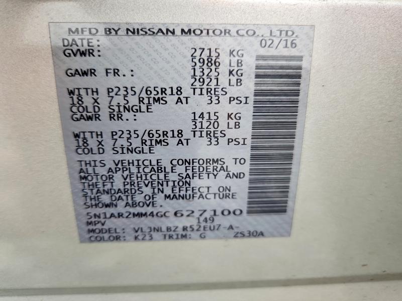 2016 Nissan Pathfinder მანქანა იყიდება აუქციონზე, vin: 5N1AR2MM4GC627100, აუქციონის ნომერი: 59061396