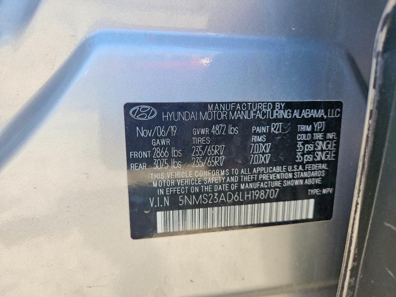 2020 Hyundai Santa Fe მანქანა იყიდება აუქციონზე, vin: 5NMS23AD6LH198707, აუქციონის ნომერი: 60064516